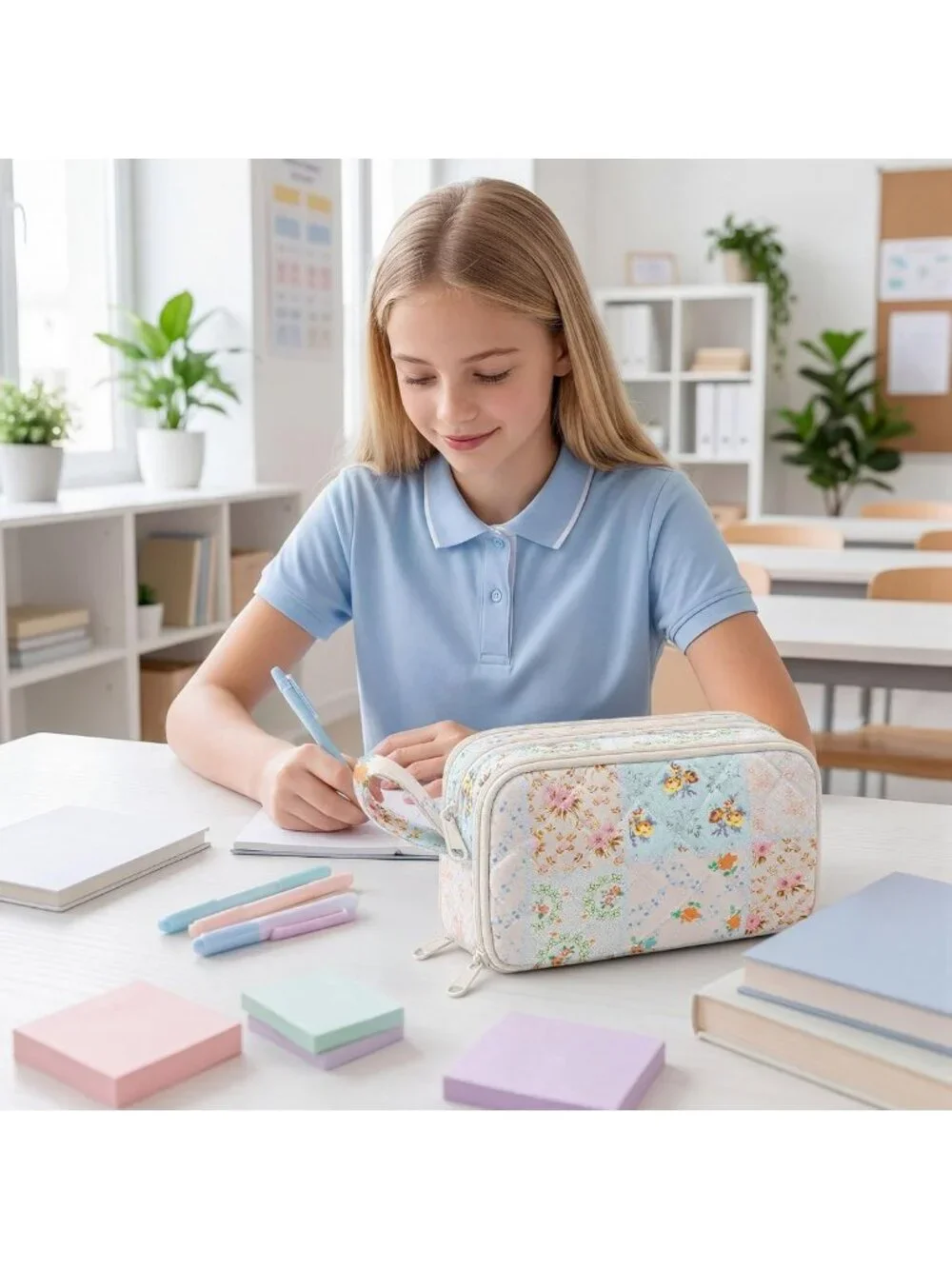 Cute Quilted Pencil Case for Girls | Large Capacity 3 Compartment Organizer